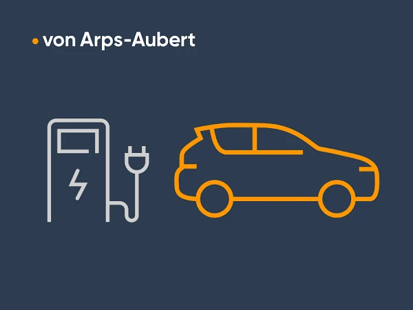 Eine stilisierte Darstellung einer Elektro-Ladesäule und eines Elektroautos auf einem grauen Hintergrund.