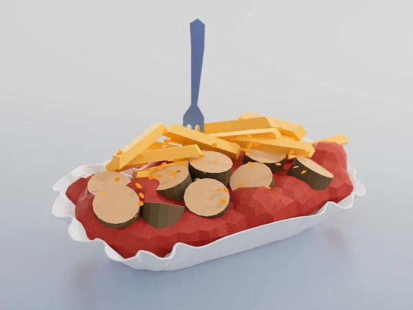 Ein Papierbehälter mit einer Portion Pommes Frites, übergossen mit einer roten Sauce und garniert mit dünn geschnittenen Scheiben von Gemüse und Gewürzen. Ein blauer Plastikgabel steckt in den Pommes.