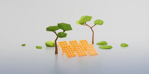 Drei stilisierte Bäume aus Papier und eine Gruppe orangefarbener Solarpanels stehen auf einem grauen Hintergrund, umgeben von einigen grünen, من darten Strukturen.