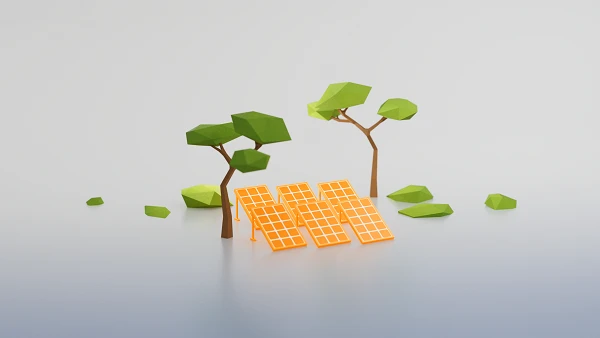 Drei stilisierte Bäume aus Papier und eine Gruppe orangefarbener Solarpanels stehen auf einem grauen Hintergrund, umgeben von einigen grünen, من darten Strukturen.
