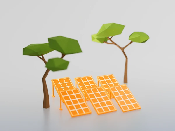 Papiermodell von zwei Bäumen und mehreren Sonnenkollektoren in leuchtendem Orange, die in einer minimalistischen Umgebung angeordnet sind.