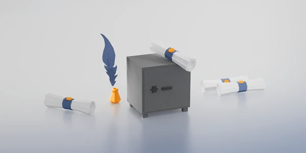 Eine schwarze Schatztruhe steht zentral in der Bildmitte, umgeben von mehreren gefalteten Schriftrollen, die mit blauen Bändern verschnürt sind. Neben der Truhe befindet sich eine orangefarbene Tinte und eine stilisierte Feder in Blau. Der Hintergrund ist sanft verlaufend in Blautönen.