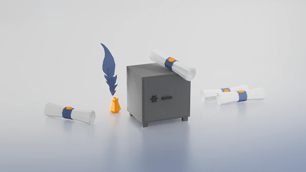 Eine schwarze Schatztruhe steht zentral in der Bildmitte, umgeben von mehreren gefalteten Schriftrollen, die mit blauen Bändern verschnürt sind. Neben der Truhe befindet sich eine orangefarbene Tinte und eine stilisierte Feder in Blau. Der Hintergrund ist sanft verlaufend in Blautönen.