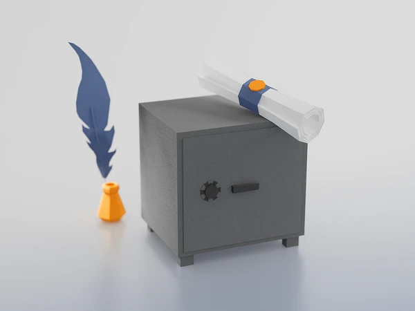 Ein grauer Tresor steht neben einem orangefarbenen Tintengefäß und einer blauen Feder, während ein eingerolltes Dokument mit einem blauen Band darauf liegt.