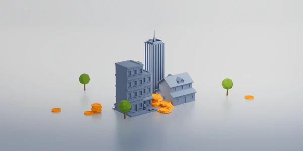 Mehrere stilisierte Gebäude in verschiedenen Größen stehen auf einer glatten Fläche, umgeben von orangefarbenen Münzen und kleinen, grünen Bäumen.