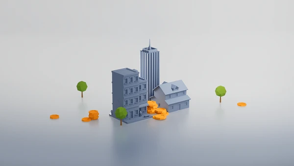 Mehrere stilisierte Gebäude in verschiedenen Größen stehen auf einer glatten Fläche, umgeben von orangefarbenen Münzen und kleinen, grünen Bäumen.