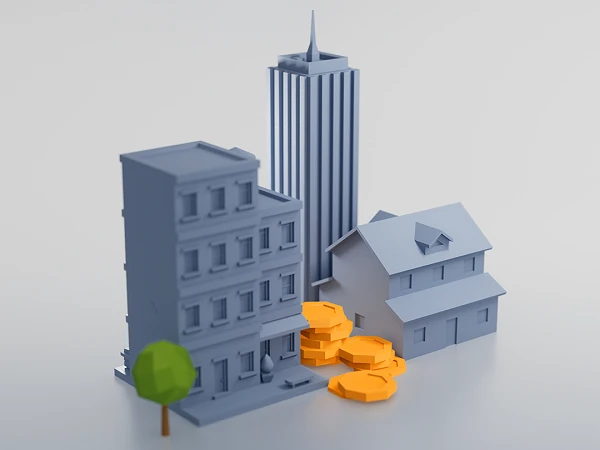 Eine stilisierte Darstellung von drei Gebäuden in unterschiedlichen Größen, umgeben von orangen Münzen und einem kleinen grünen Baum.