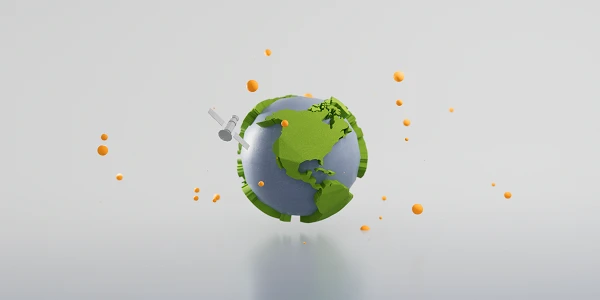 Eine stilisierte Darstellung der Erde mit Grünflächen, die den Kontinenten entsprechen, umgeben von orangefarbenen Punkten, während ein Satellit in der Nähe schwebt.