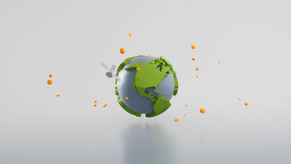 Eine stilisierte Darstellung der Erde mit Grünflächen, die den Kontinenten entsprechen, umgeben von orangefarbenen Punkten, während ein Satellit in der Nähe schwebt.