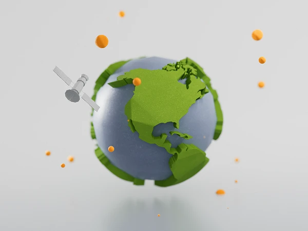 Eine stilisierte 3D-Darstellung der Erde mit einer grünen Kontur, umgeben von orangefarbenen Punkten und einem Satelliten, der im Vordergrund schwebt.