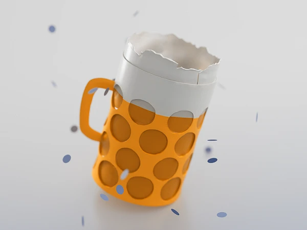 Ein orangefarbener Bierkrug mit einer weißen, schaumigen Oberseite und vielen Punkten, umgeben von kleinen Konfettistücken, die in der Luft schwirren.