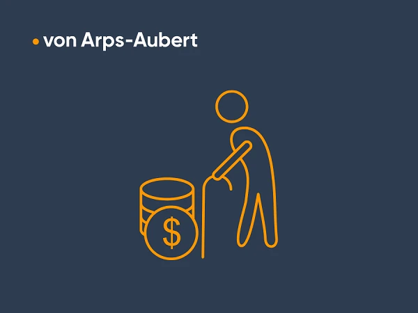Eine einfache, orangefarbene Grafik zeigt eine stilisierte Person, die mit einem Stock an einem Geldfass steht, auf dem ein Dollarzeichen abgebildet ist. Der Hintergrund ist dunkelblau, und oben links steht der Text "von Arps-Aubert".