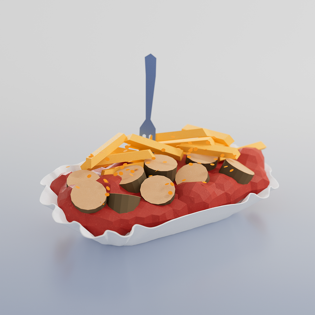 Ein Papierbehälter mit einer Portion Pommes Frites, übergossen mit einer roten Sauce und garniert mit dünn geschnittenen Scheiben von Gemüse und Gewürzen. Ein blauer Plastikgabel steckt in den Pommes.