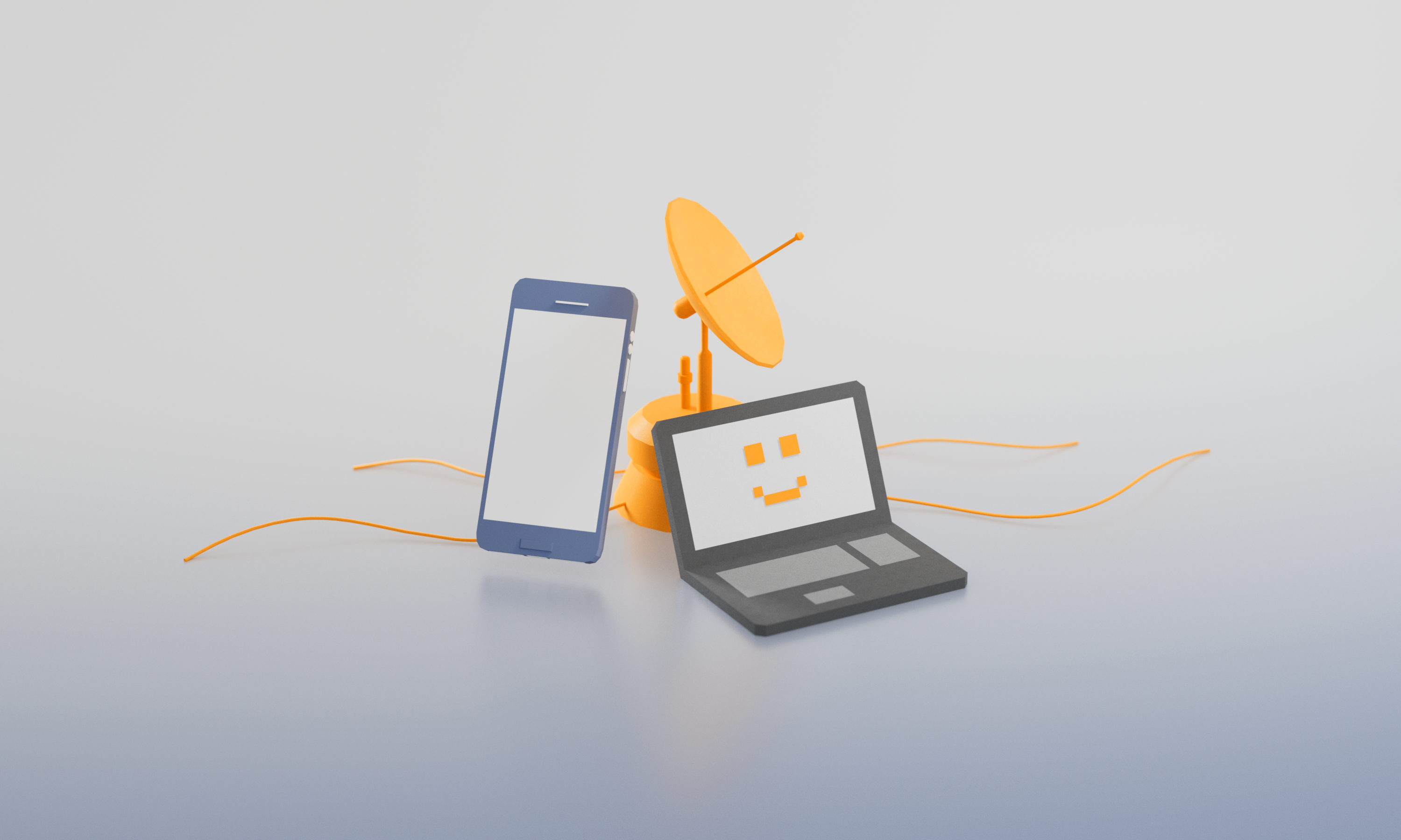 Ein Smartphone und ein Laptop stehen neben einer gelben Satellitenschüssel, wobei beide Geräte mit orangefarbenen Kabeln verbunden sind. Auf den Bildschirmen sind lächelnde Gesichter abgebildet.