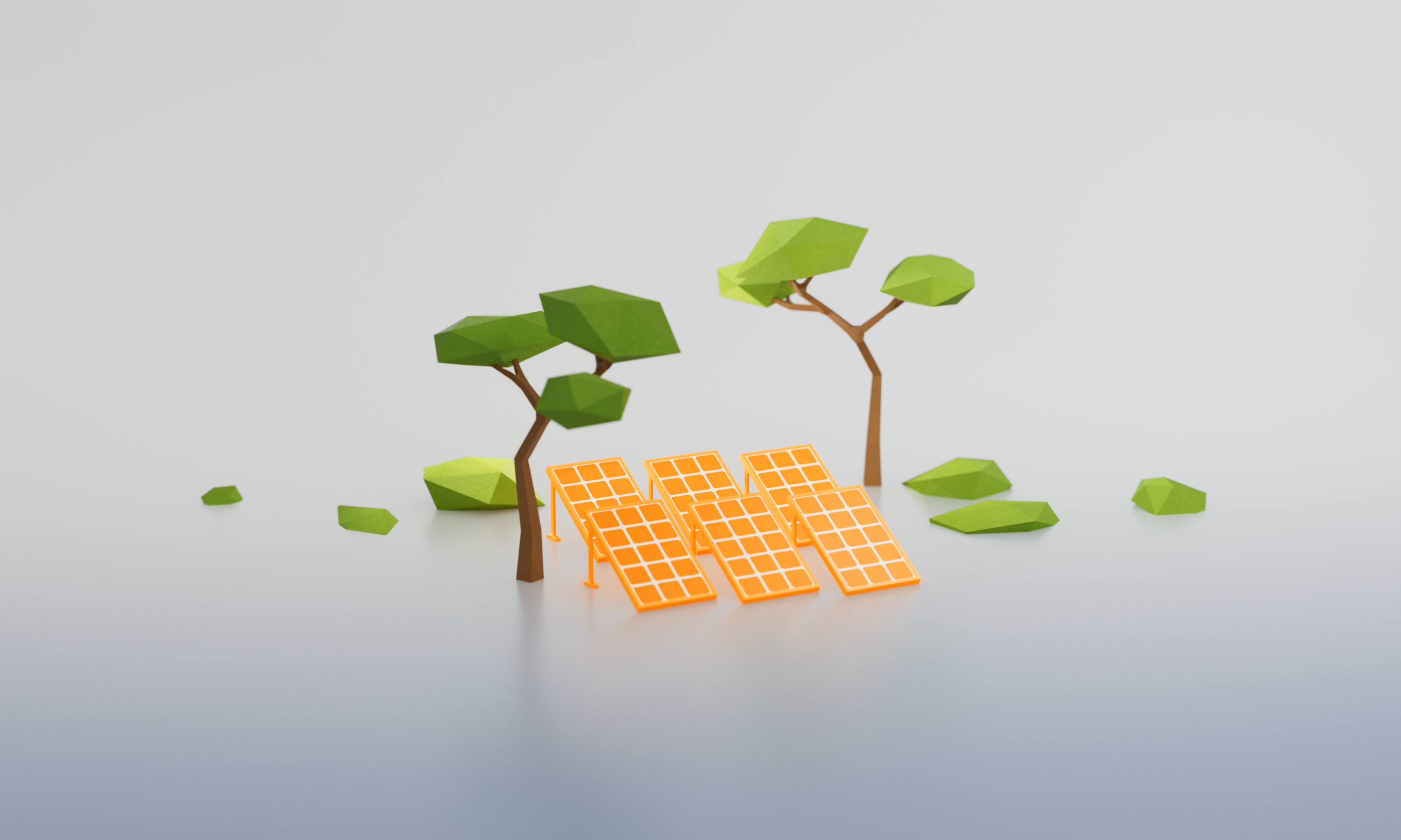 Drei stilisierte Bäume aus Papier und eine Gruppe orangefarbener Solarpanels stehen auf einem grauen Hintergrund, umgeben von einigen grünen, من darten Strukturen.
