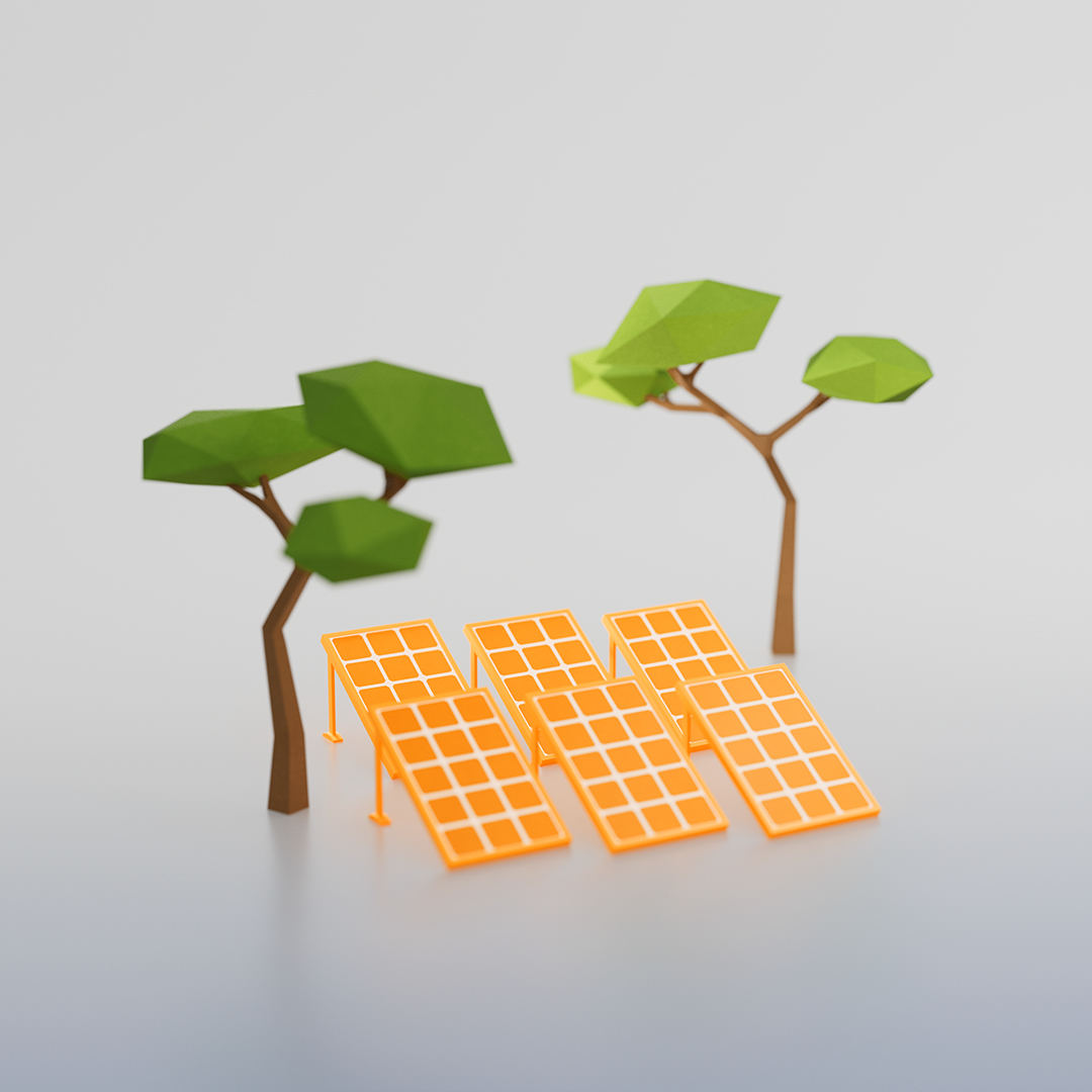 Papiermodell von zwei Bäumen und mehreren Sonnenkollektoren in leuchtendem Orange, die in einer minimalistischen Umgebung angeordnet sind.