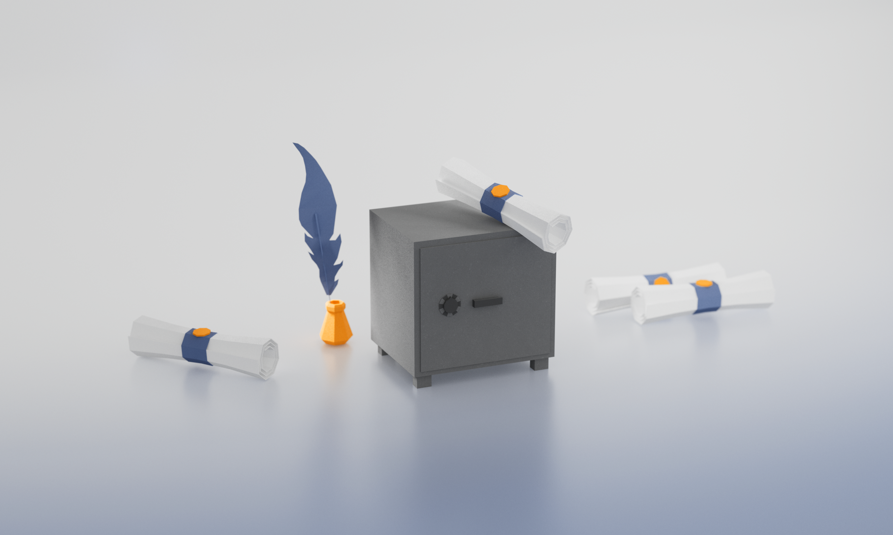 Eine schwarze Schatztruhe steht zentral in der Bildmitte, umgeben von mehreren gefalteten Schriftrollen, die mit blauen Bändern verschnürt sind. Neben der Truhe befindet sich eine orangefarbene Tinte und eine stilisierte Feder in Blau. Der Hintergrund ist sanft verlaufend in Blautönen.