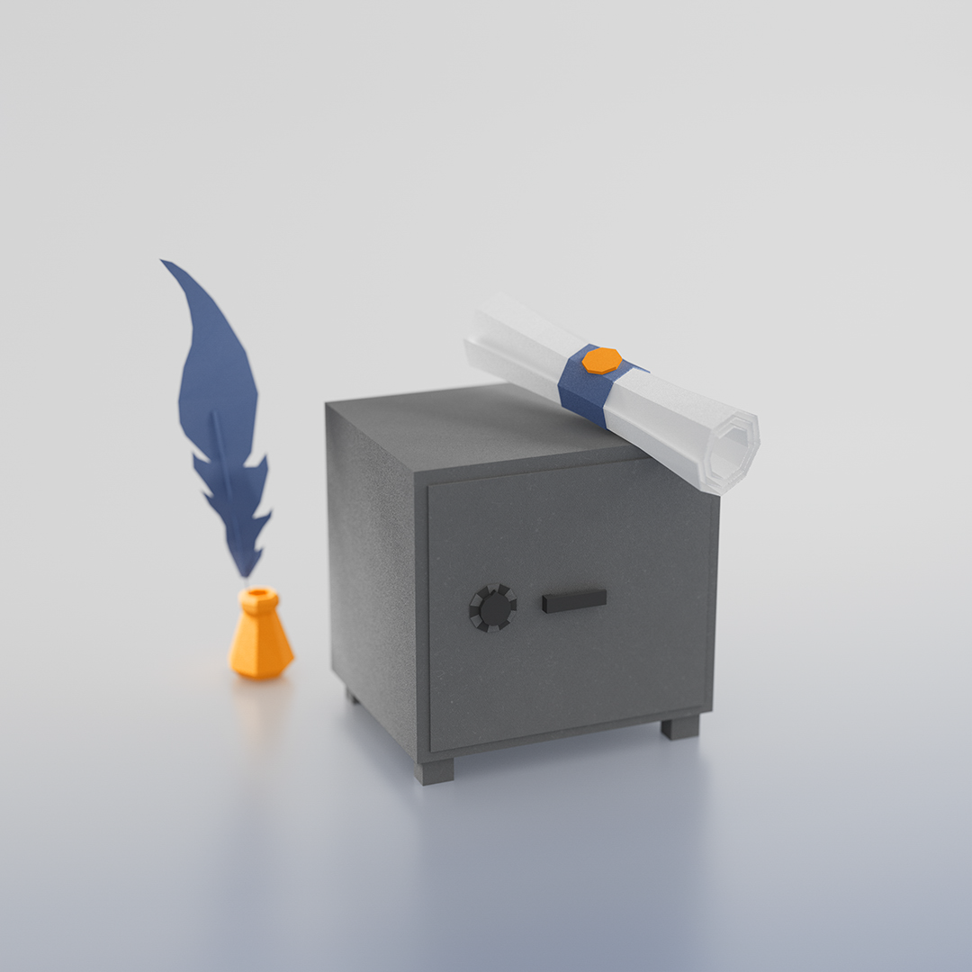 Ein grauer Tresor steht neben einem orangefarbenen Tintengefäß und einer blauen Feder, während ein eingerolltes Dokument mit einem blauen Band darauf liegt.