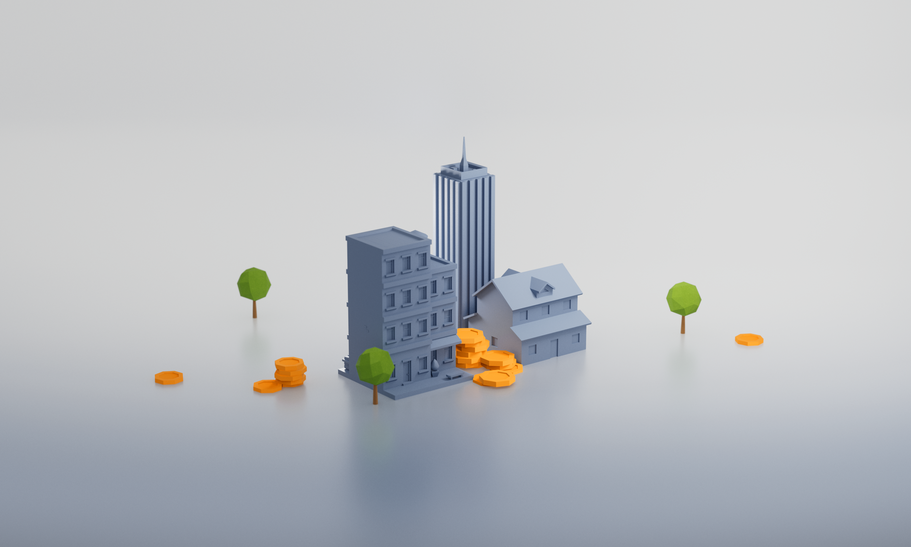 Mehrere stilisierte Gebäude in verschiedenen Größen stehen auf einer glatten Fläche, umgeben von orangefarbenen Münzen und kleinen, grünen Bäumen.