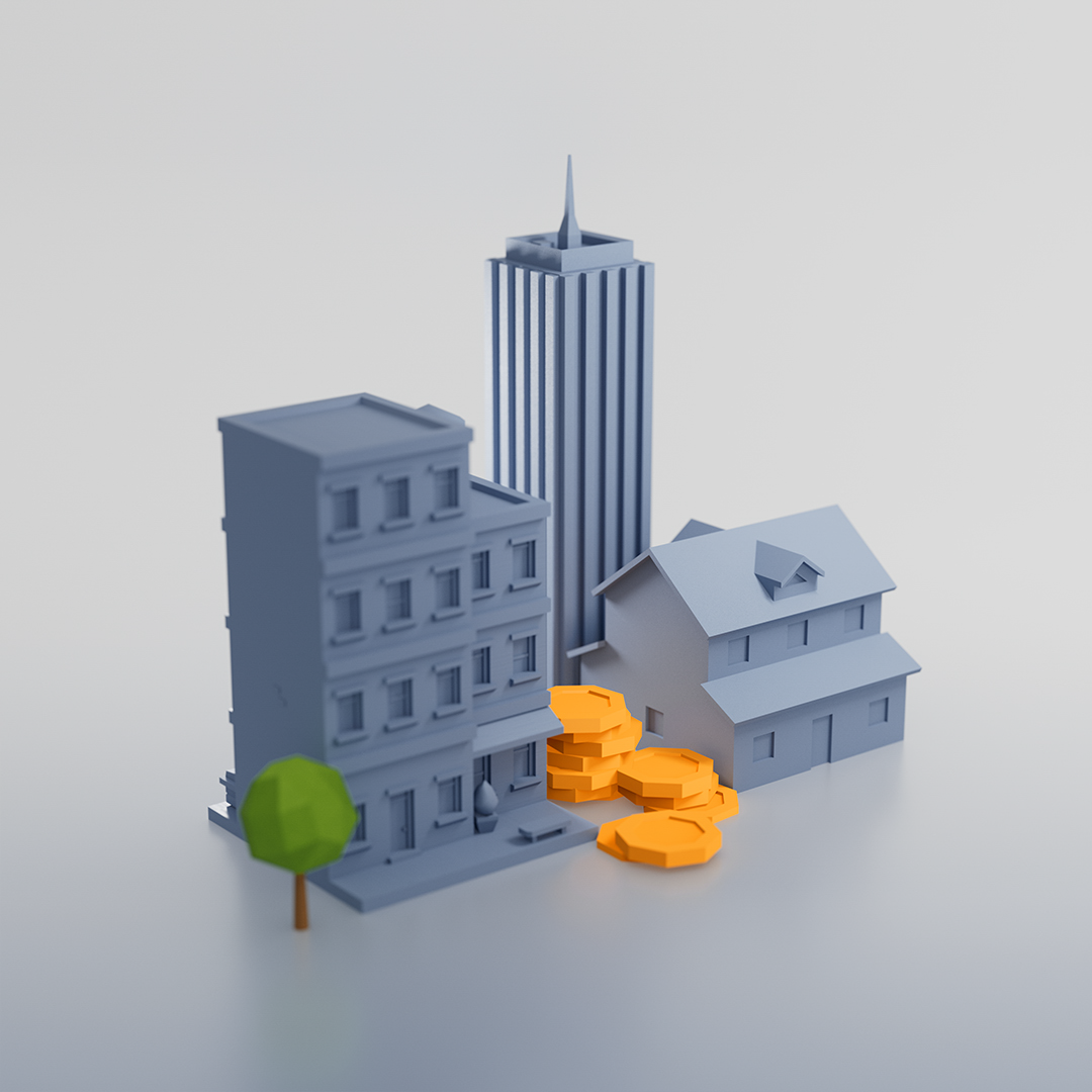 Eine stilisierte Darstellung von drei Gebäuden in unterschiedlichen Größen, umgeben von orangen Münzen und einem kleinen grünen Baum.