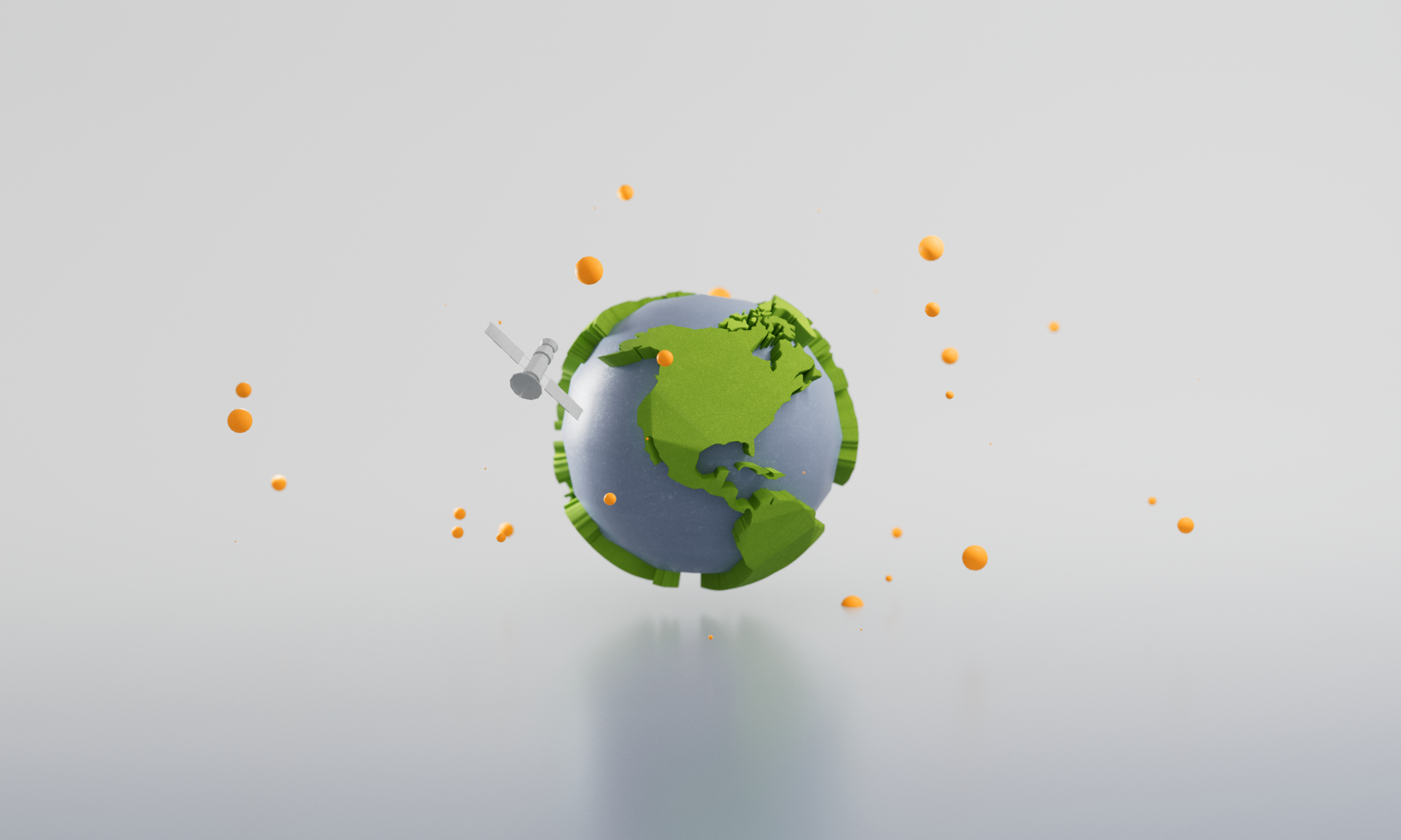 Eine stilisierte Darstellung der Erde mit Grünflächen, die den Kontinenten entsprechen, umgeben von orangefarbenen Punkten, während ein Satellit in der Nähe schwebt.