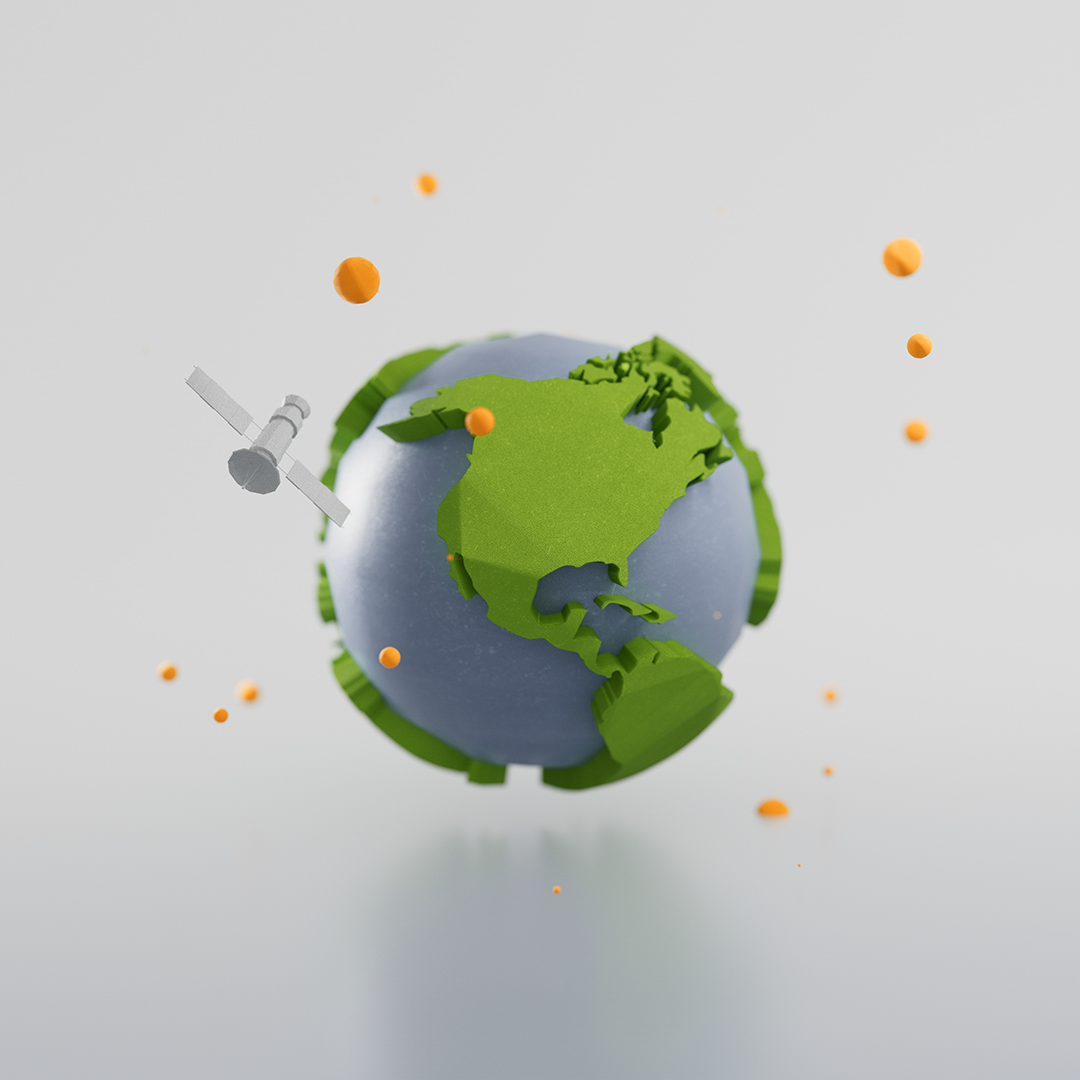 Eine stilisierte 3D-Darstellung der Erde mit einer grünen Kontur, umgeben von orangefarbenen Punkten und einem Satelliten, der im Vordergrund schwebt.