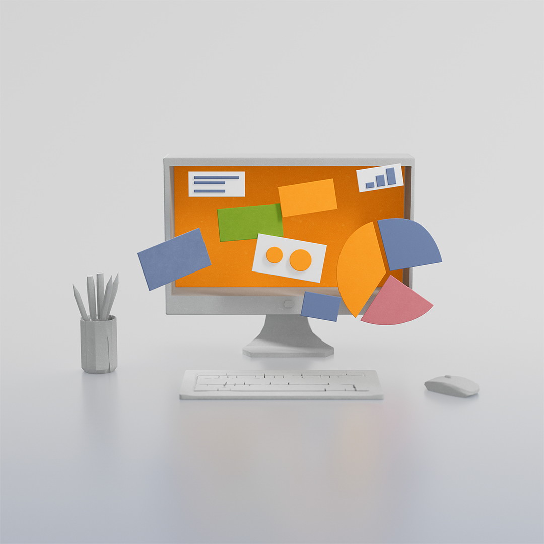 Ein Computerbildschirm zeigt verschiedene farbige Diagramme und Grafiken, die darüber schwebend angeordnet sind, während eine Tastatur und eine Maus im Vordergrund zu sehen sind.