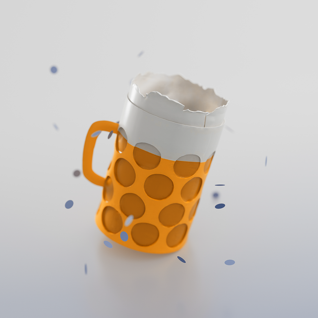 Ein orangefarbener Bierkrug mit einer weißen, schaumigen Oberseite und vielen Punkten, umgeben von kleinen Konfettistücken, die in der Luft schwirren.