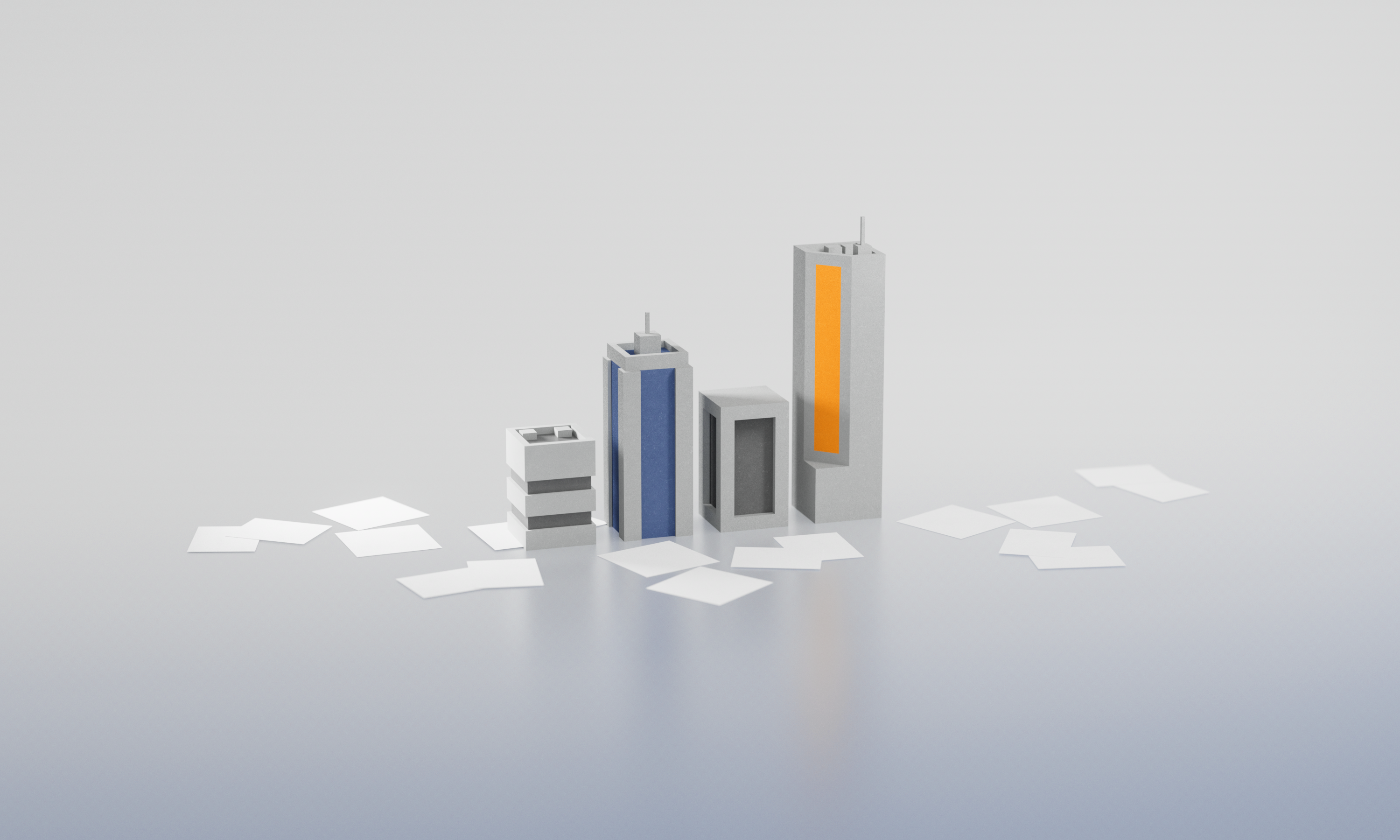 Drei stilisierte Gebäude in verschiedenen Höhen und Farben (blau, orange und grau) stehen auf einer flachen Oberfläche, umgeben von weißen Blättern.