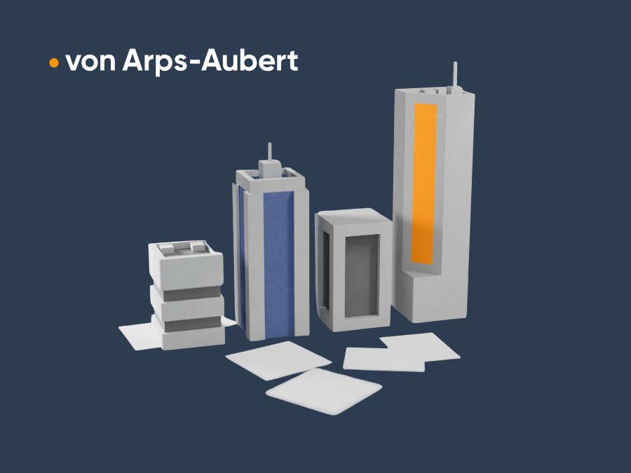 Die Darstellung zeigt eine Gruppe von stilisierten, geometrischen Gebäuden in verschiedenen Grautönen, darunter ein Eigentum mit orangefarbenem Element und ein anderes mit blauen Streifen, die auf einem dunklen Hintergrund angeordnet sind. In der oberen linken Ecke steht der Text „von Arps-Aubert“.