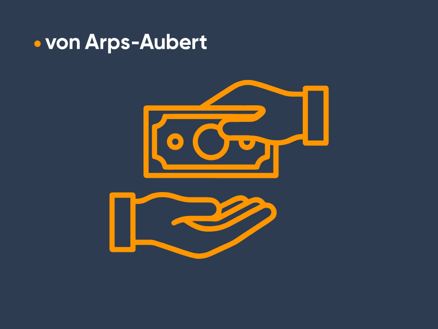 Zwei Hände, eine von oben und eine von unten, geben einen Geldschein weiter, auf einem dunkelblauen Hintergrund. Oben links steht der Text „von Arps-Aubert“.