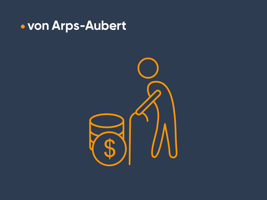 Eine einfache, orangefarbene Grafik zeigt eine stilisierte Person, die mit einem Stock an einem Geldfass steht, auf dem ein Dollarzeichen abgebildet ist. Der Hintergrund ist dunkelblau, und oben links steht der Text "von Arps-Aubert".